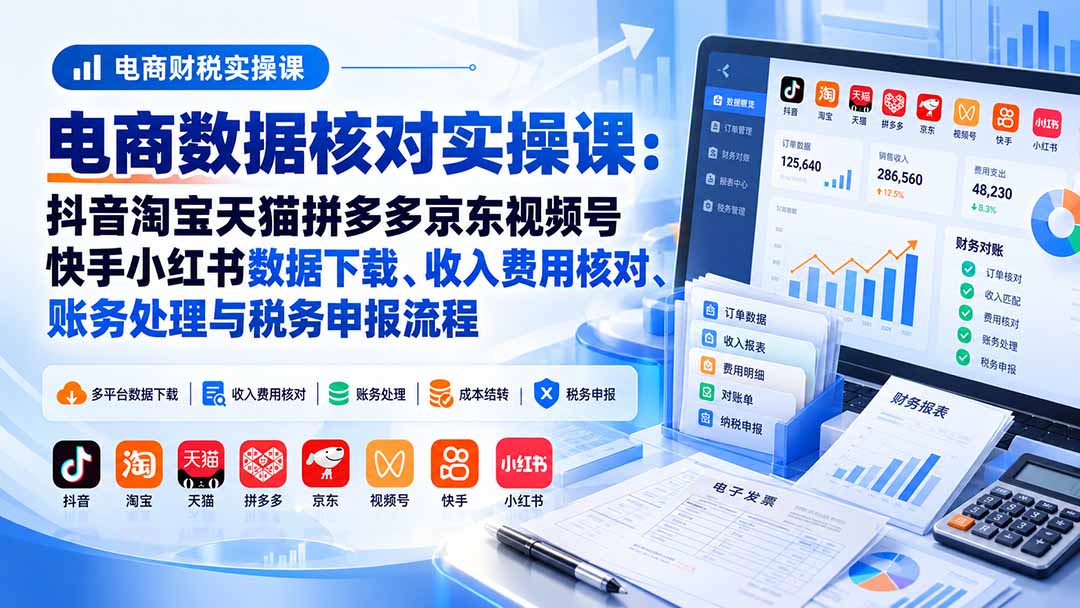 电商数据核账实操课：抖音淘宝天猫拼多多京东视频号快手小红书数据下载、收入费用核对、账务处理与税务申报流程-资源宝库