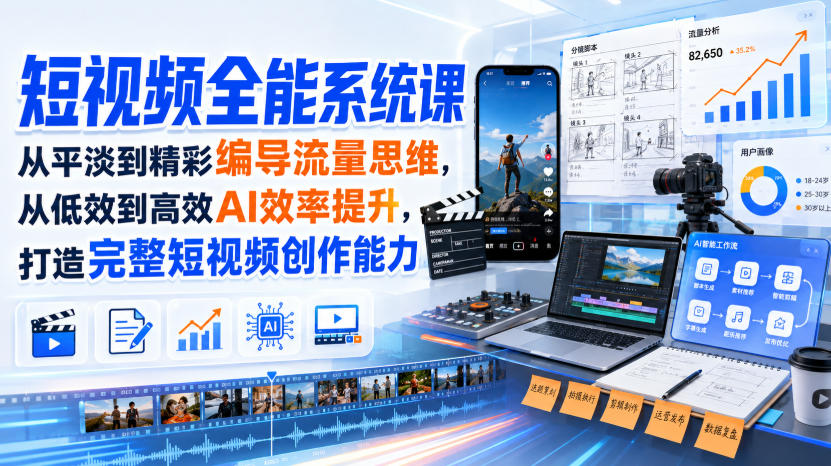 短视频全能系统课，从平淡到精彩编导流量思维，从低效到高效AI效率提升，打造完整短视频创作能力(完整版)-资源宝库