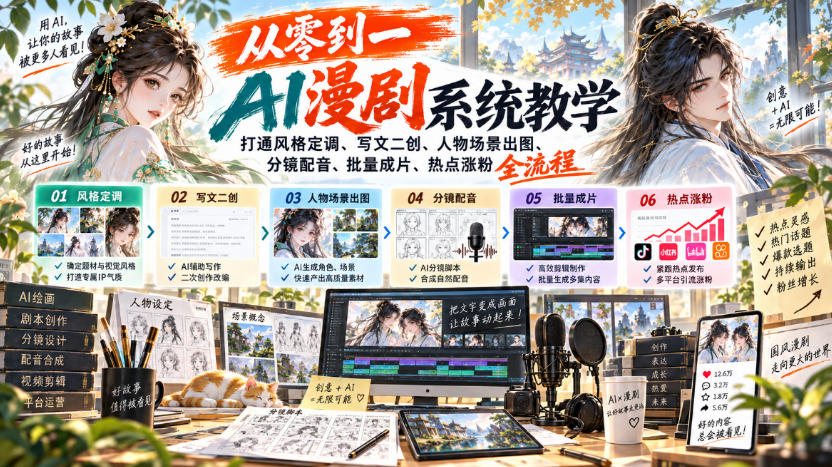 从零到一AI漫剧系统教学，打通风格定调、写文二创、人物场景出图、分镜配音、批量成片、热点涨粉全流程-资源宝库
