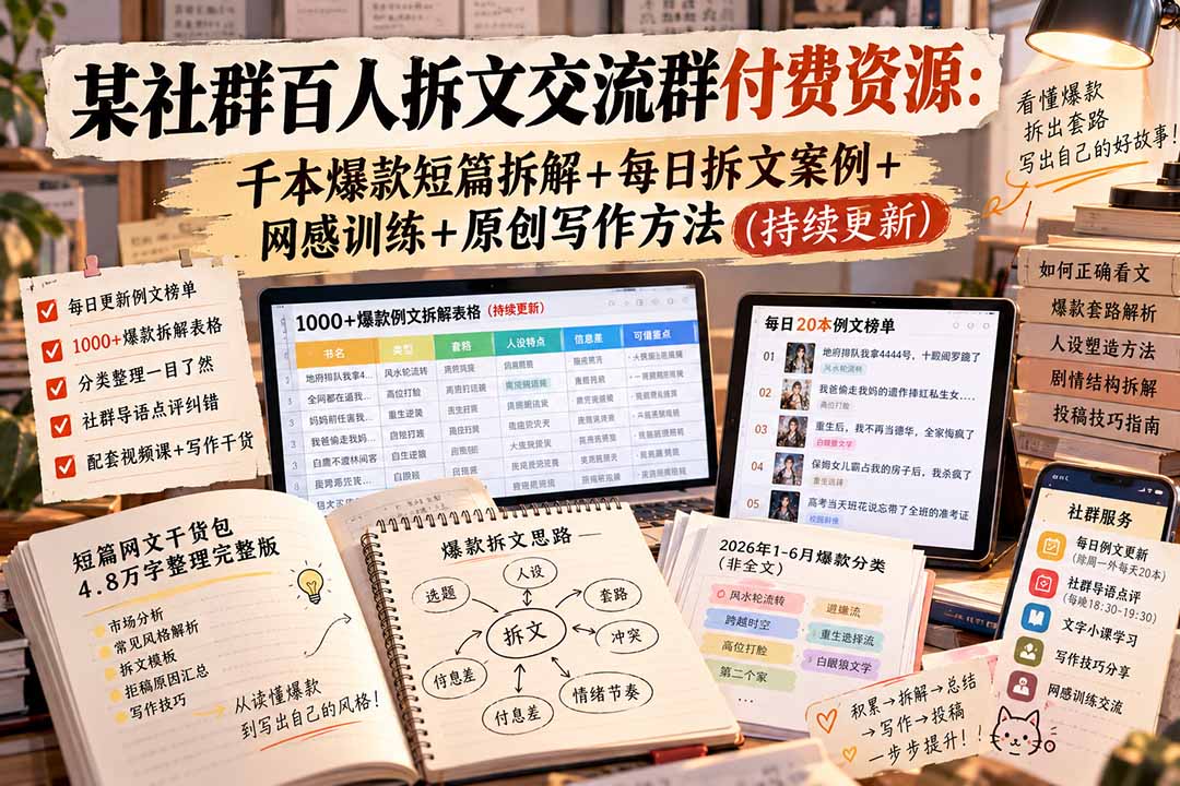某社群百人拆文交流群付费资源-更新0929：千本爆款短篇拆解+每日拆文案例+网感训练+原创写作方法-资源宝库