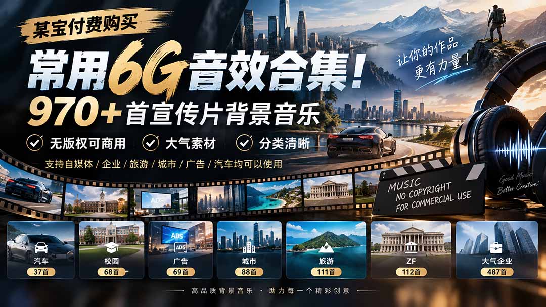 某宝付费购买,常用6G音效合集!970+首宣传片背景音乐,无版权可商用大气素材,分类清晰-资源宝库