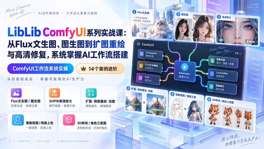LibLib ComfyUI系列实战课：从Flux文生图、图生图到扩图重绘与高清修复，系统掌握AI工作流搭建-资源宝库