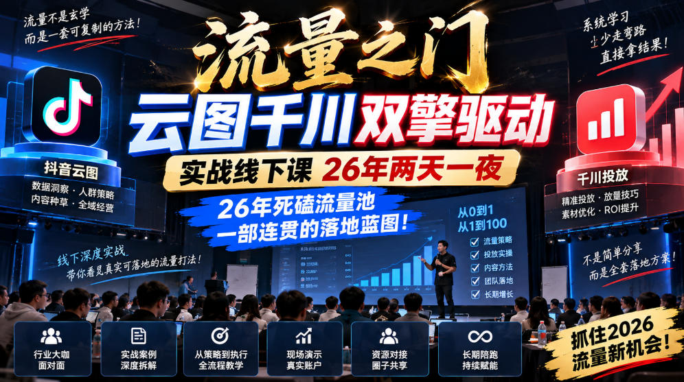 流量之门-云图千川双擎驱动实战线下课26年两天一夜,26年死磕流量池一部连贯的落地蓝图!-资源宝库