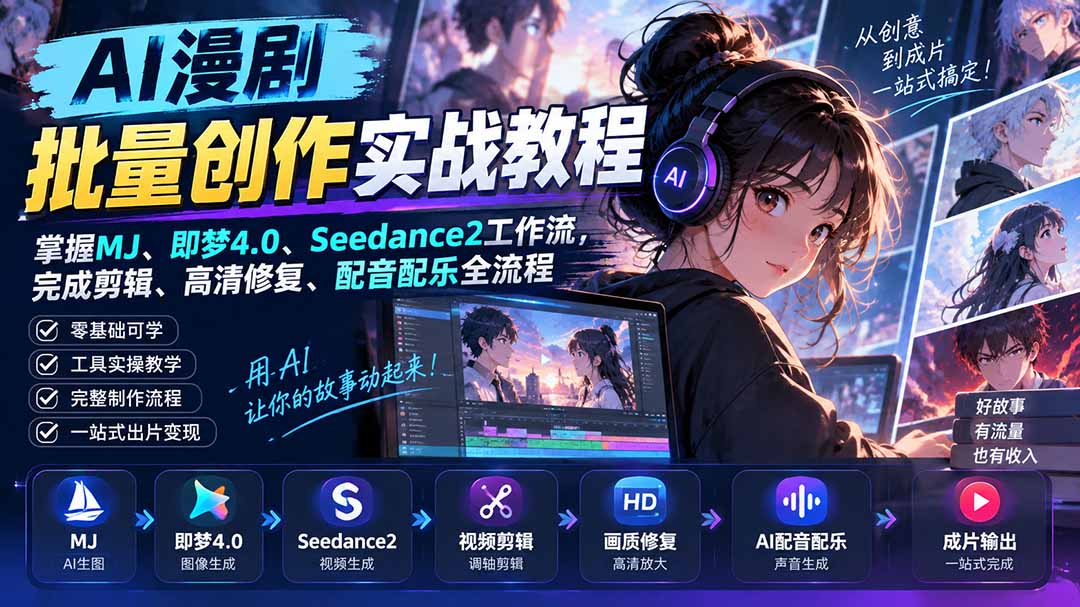 AI漫剧批量创作实战教程：掌握MJ、即梦4.0、Seedance2工作流，完成剪辑、高清修复、配音配乐全流程-资源宝库