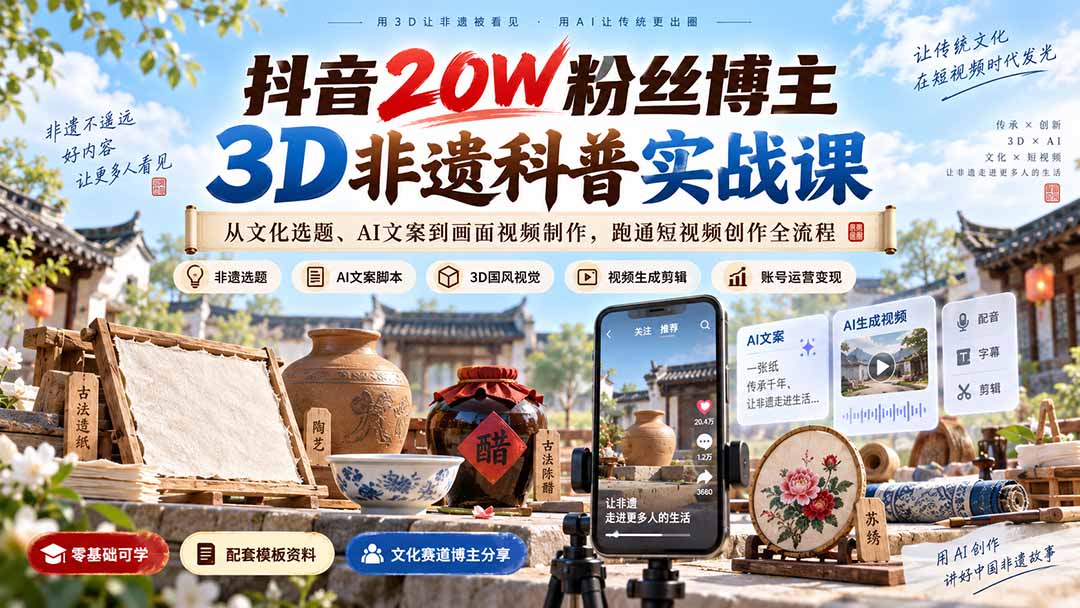 抖音20W粉丝博主3D非遗科普实战课:从文化选题、AI文案到画面视频制作,跑通短视频创作全流程-资源宝库