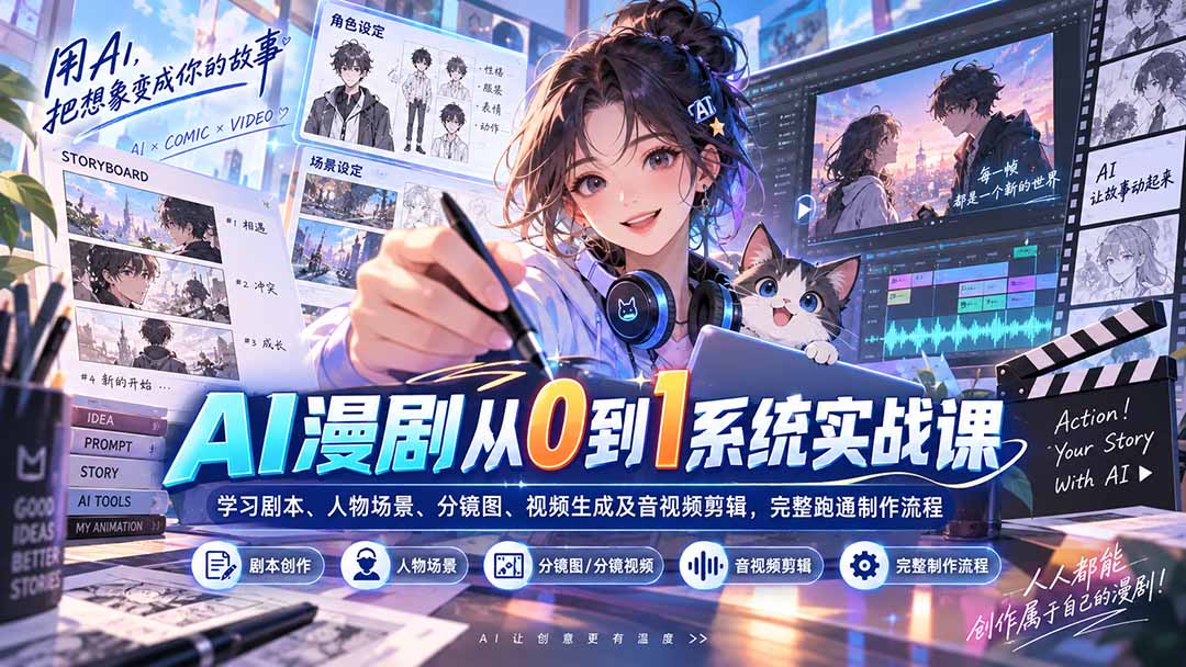 AI漫剧从0到1系统实战课：学习剧本、人物场景、分镜图、视频生成及音视频剪辑，完整跑通制作流程-资源宝库
