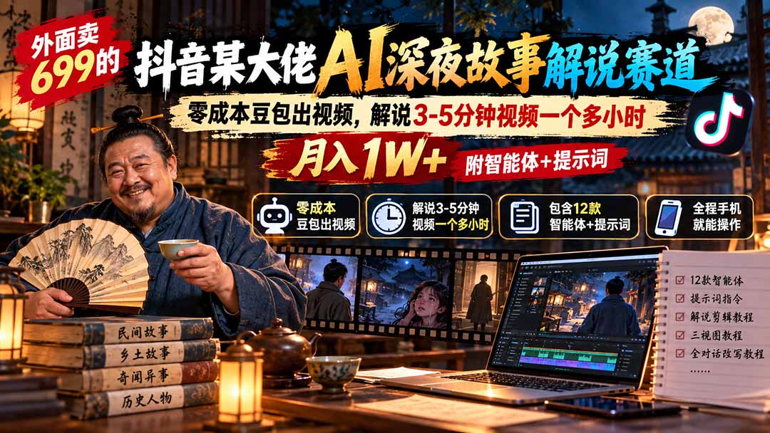 外面卖699的抖音某大佬AI深夜故事解说赛道：零成本豆包出视频，解说3-5分钟视频一个多小时，月入1W+附智能体+提示词-资源宝库