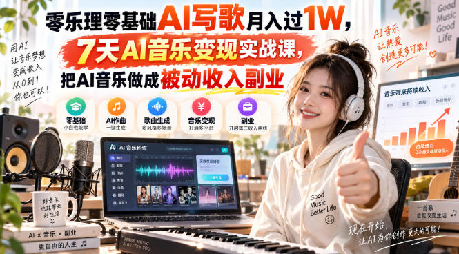 零乐理零基础AI写歌月入过1W，7天AI音乐变现实战课，把AI音乐做成被动收入副业-资源宝库