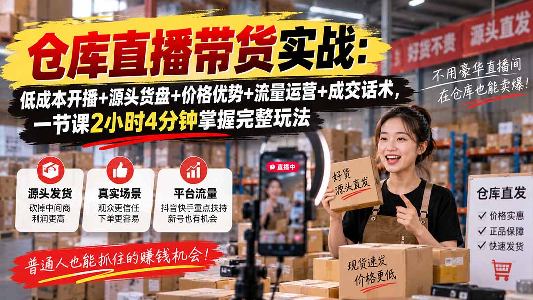 仓库直播带货实战：低成本开播+源头货盘+价格优势+流量运营+成交话术，一节课2小时4分钟掌握完整玩法-资源宝库