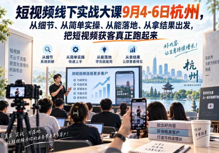 短视频线下实战大课9月4-6日杭州，从细节、从简单实操、从能落地、从拿结果出发，把短视频获客真正跑起来-资源宝库