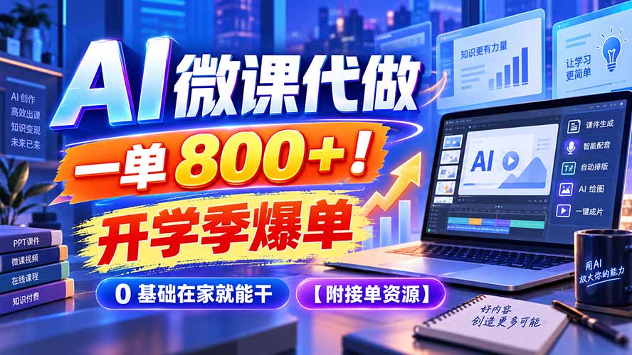 AI 微课代做,一单 800+!开学季爆单,0 基础在家就能干【附接单资源】-资源宝库