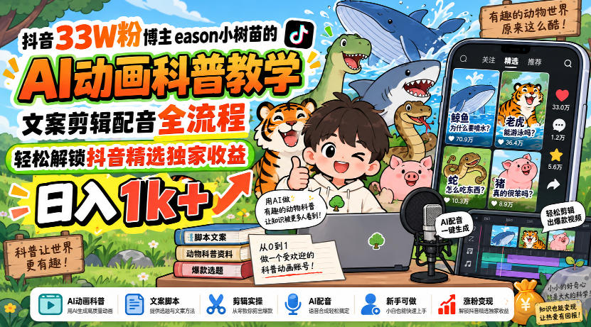 抖音33W粉博主eason小树苗的AI动画科普教学，文案剪辑配音全流程，轻松解锁抖音精选独家收益，日入1k+-资源宝库