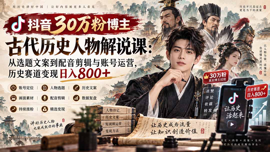 抖音30万粉博主古代历史人物解说课：从选题文案到配音剪辑与账号运营，历史赛道变现日入800+-资源宝库