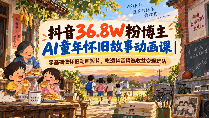 抖音36.8W粉博主AI童年怀旧故事动画课｜零基础做怀旧动画短片，吃透抖音精选收益变现玩法-资源宝库