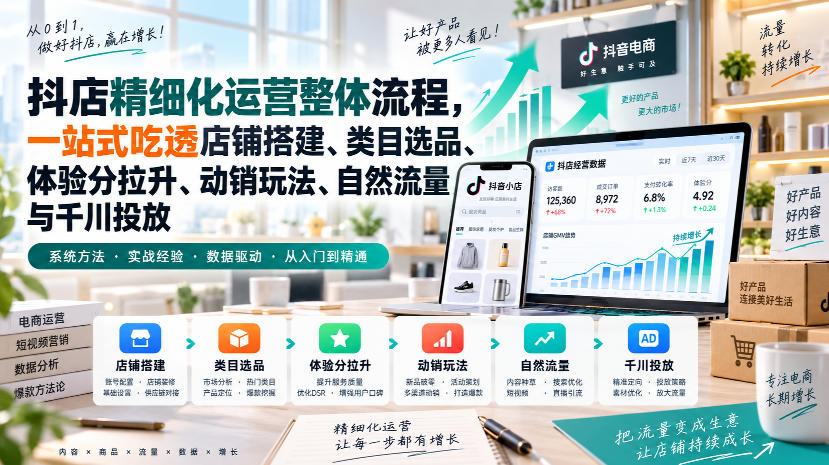 李哥电商-抖店精细化运营整体流程，一站式吃透店铺搭建、类目选品、体验分拉升、动销玩法、自然流量与千川投放-资源宝库