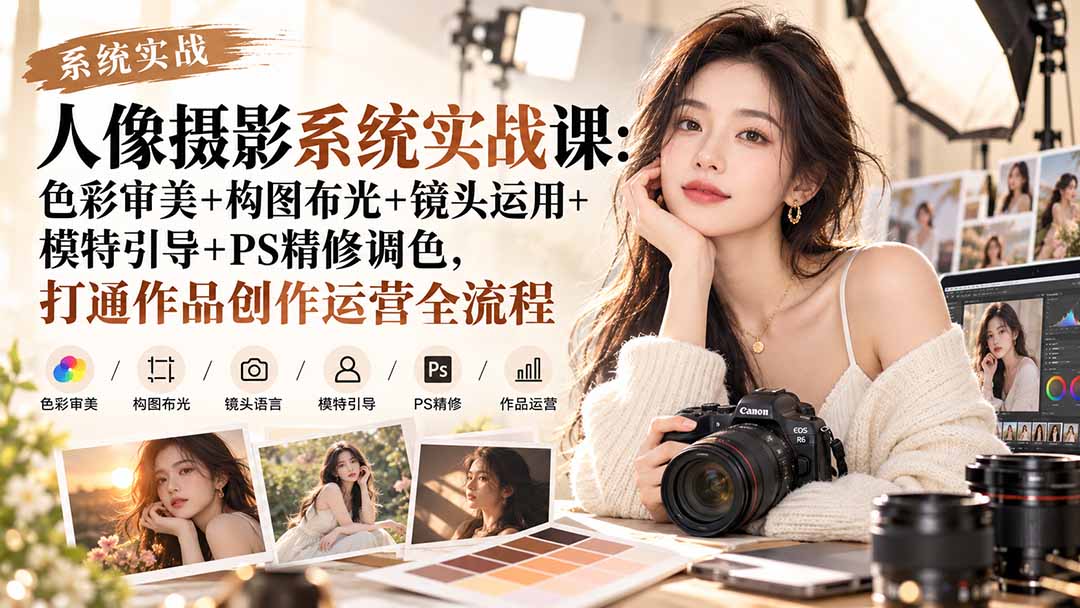 【无水印】人像摄影系统实战课：色彩审美+构图布光+镜头运用+模特引导+PS精修调色，打通作品创作运营全流程-资源宝库
