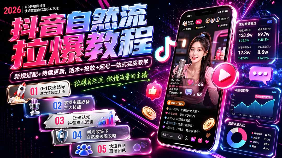 抖音自然流拉爆教程-更新9月：做懂流量的主播，新规适配+持续更新，话术+投放+起号一站式实战教学-资源宝库