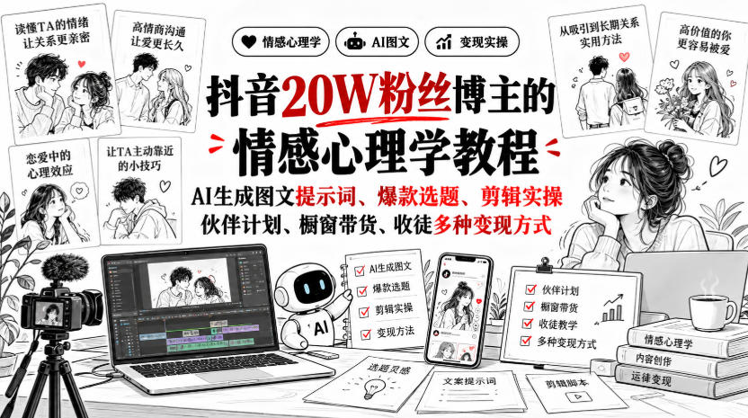 抖音20W粉丝博主静候心声的情感心理学教程，AI生成图文提示词、爆款选题、剪辑实操，伙伴计划、橱窗带货、收徒多种变现方式-资源宝库