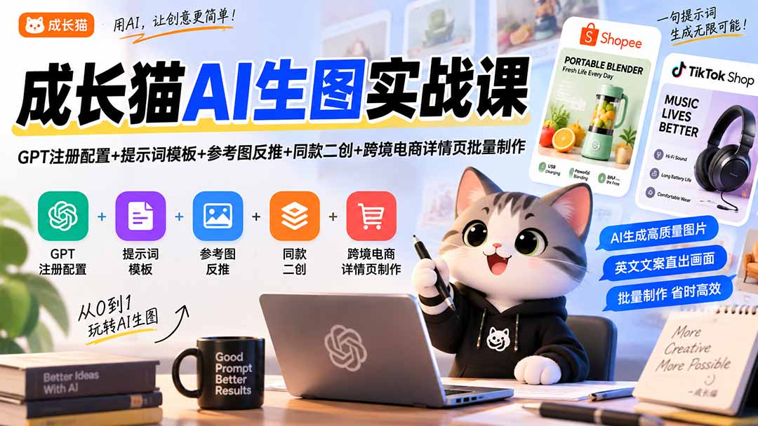 成长猫AI生图实战课｜GPT注册配置+提示词模板+参考图反推+同款二创+跨境电商详情页批量制作-资源宝库