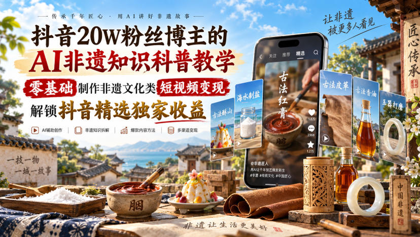 抖音20W粉丝博主的AI非遗知识科普教学，零基础制作非遗文化类短视频变现，解锁抖音精选独家收益-资源宝库