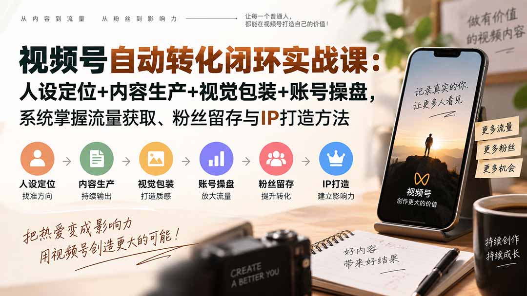 视频号自动转化闭环实战课：人设定位+内容生产+视觉包装+账号操盘，系统掌握流量获取、粉丝留存与IP打造方法-资源宝库