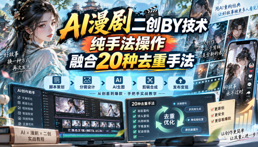 AI漫剧二创搬运技术，纯手法操作，融合20种去重手法-资源宝库