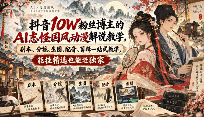 抖音10W粉丝博主满堂诡事的AI志怪国风动漫解说教学，剧本、分镜、生图、配音、剪辑一站式教学，能挂精选也能进独家​-资源宝库