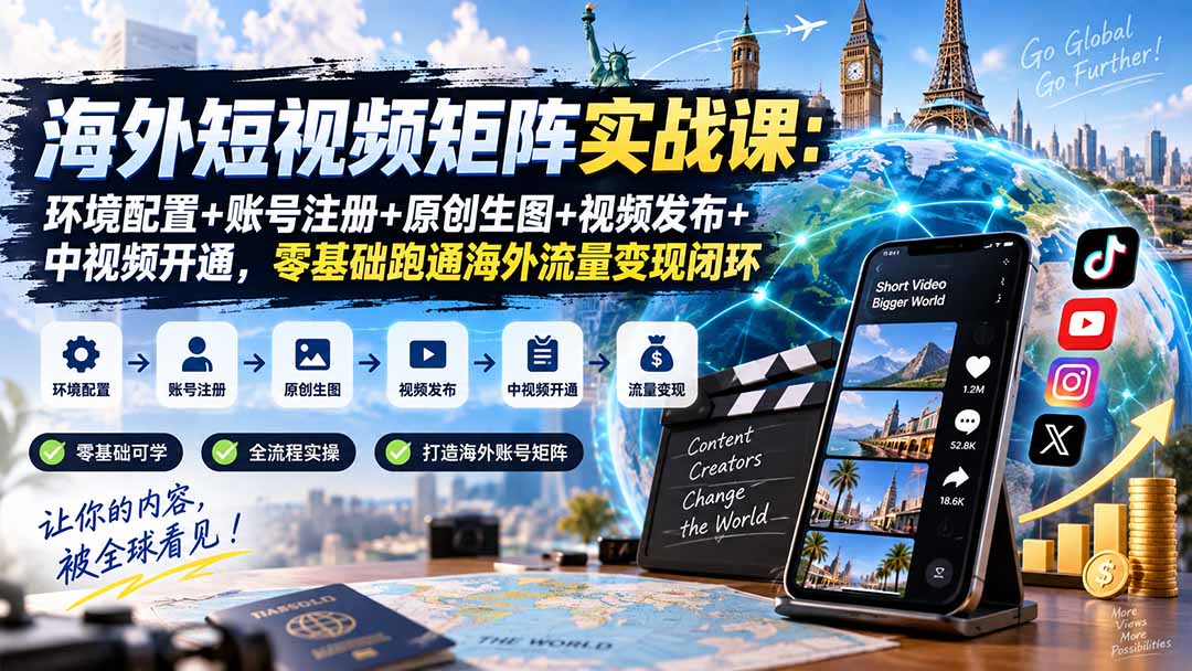 海外短视频矩阵实战课:环境配置+账号注册+原创生图+视频发布+中视频开通,零基础跑通海外流量变现闭环-资源宝库