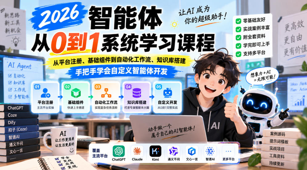 2026智能体从0到1系统学习课程，从平台注册、基础组件到自动化工作流、知识库搭建，手把手学会自定义智能体开发-资源宝库