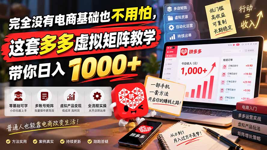 完全没有电商基础也不用怕,这套多多虚拟矩阵教学带你日入 1000+-资源宝库