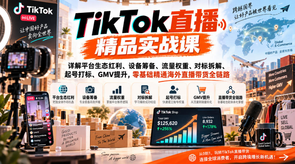 TikTok直播精品实战课，详解平台生态红利、设备筹备、流量权重、对标拆解、起号打标、GMV提升，零基础精通海外直播带货全链路-资源宝库
