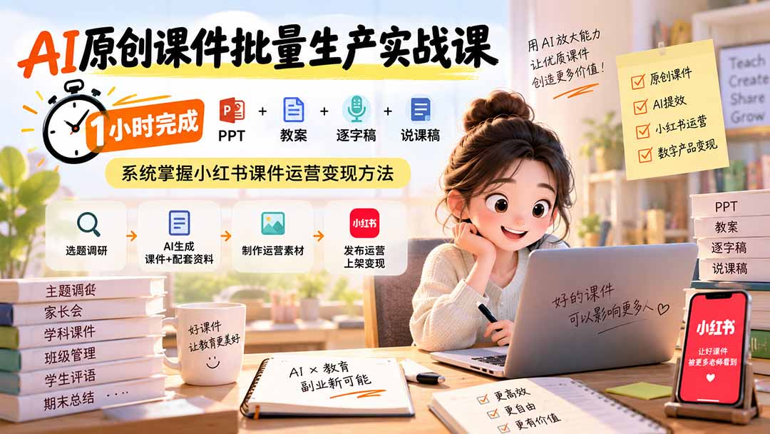 AI原创课件批量生产实战课:1小时完成PPT+教案+逐字稿+说课稿,系统掌握小红书课件运营变现方法-资源宝库