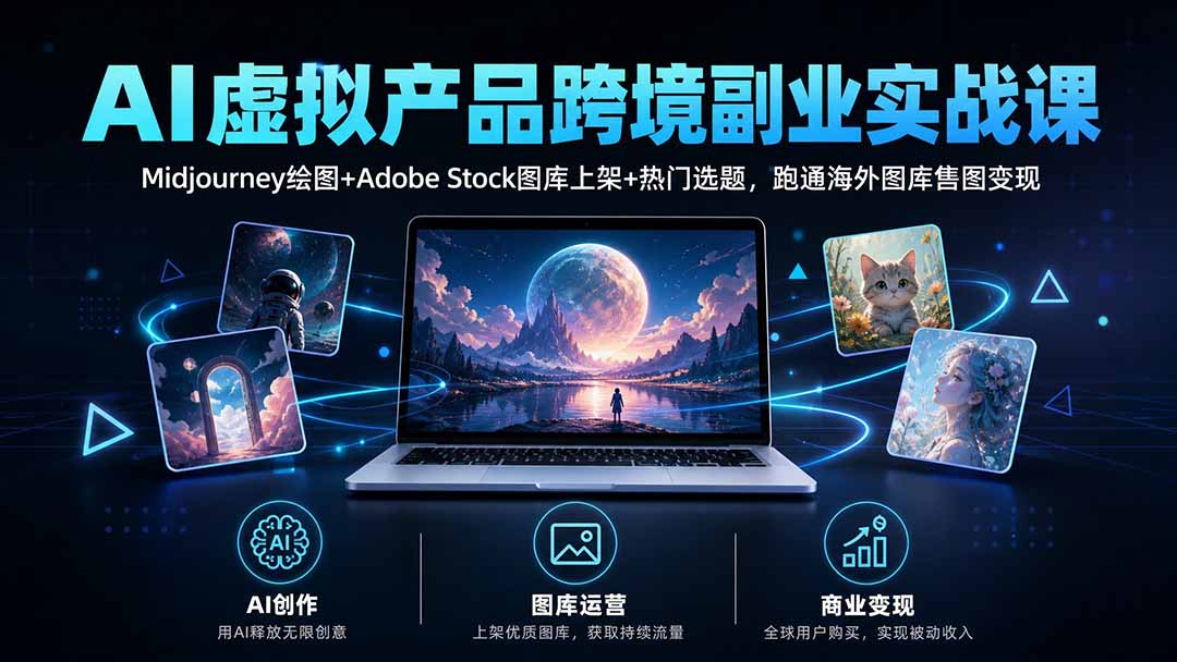 AI虚拟产品跨境副业实战课｜Midjourney绘图+Adobe Stock图库上架+热门选题，跑通海外图库售图变现-资源宝库