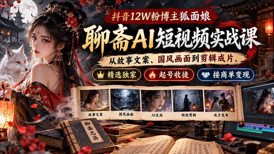 抖音12W粉博主狐面娘-聊斋AI短视频实战课：从故事文案、国风画面到剪辑成片，精选独家+起号收徒+接商单变现-资源宝库