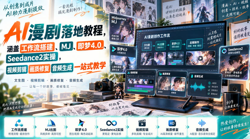 AI漫剧落地教程，涵盖工作流搭建、MJ、即梦4.0、Seedance2实操，视频剪辑画质修复音频生成一站式教学-资源宝库