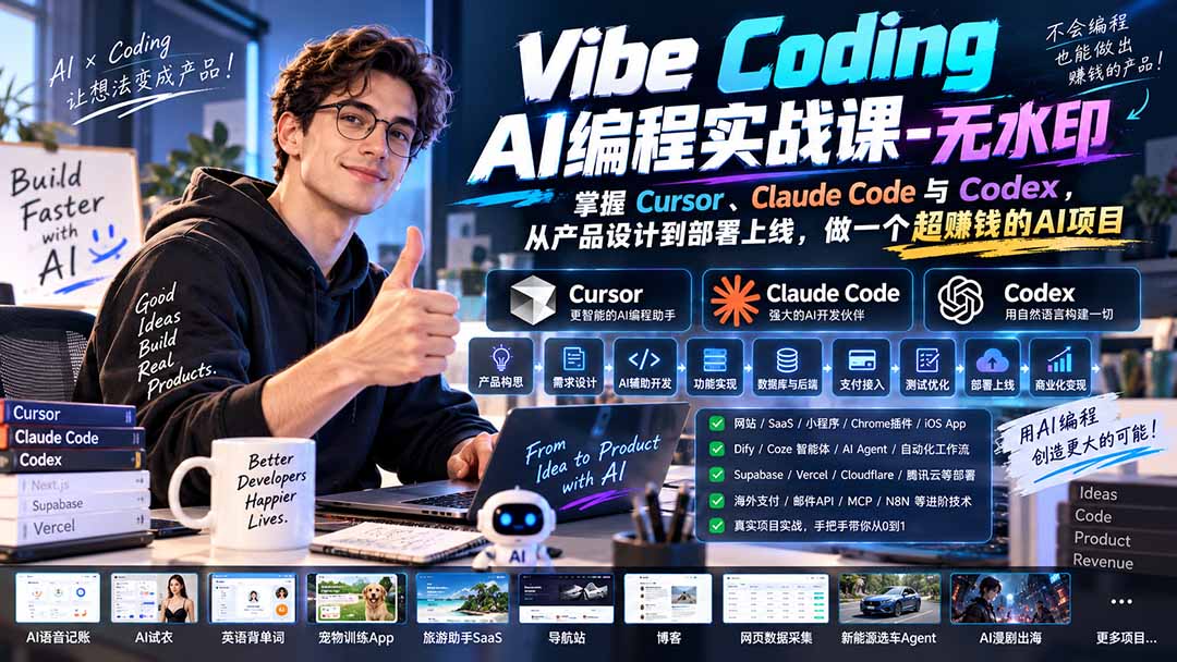 Vibe Coding AI编程实战课-无水印：掌握Cursor、Claude Code与Codex，从产品设计到部署上线，做一个超赚钱的AI项目-资源宝库