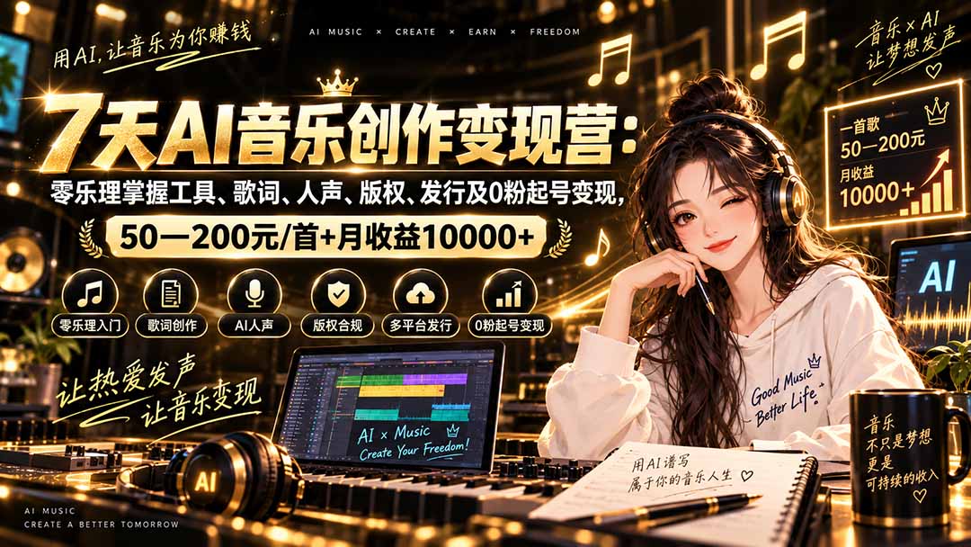 AI音乐创作变现营：零乐理掌握工具、歌词、人声、版权、发行及0粉起号变现，50—200元/首+月收益10000+-资源宝库