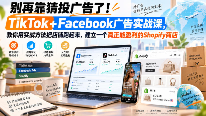 别再靠猜投广告了！TikTok+Facebook广告实战课，教你用实战方法把店铺跑起来，建立一个真正能盈利的Shopify商店【原创双语字幕】-资源宝库
