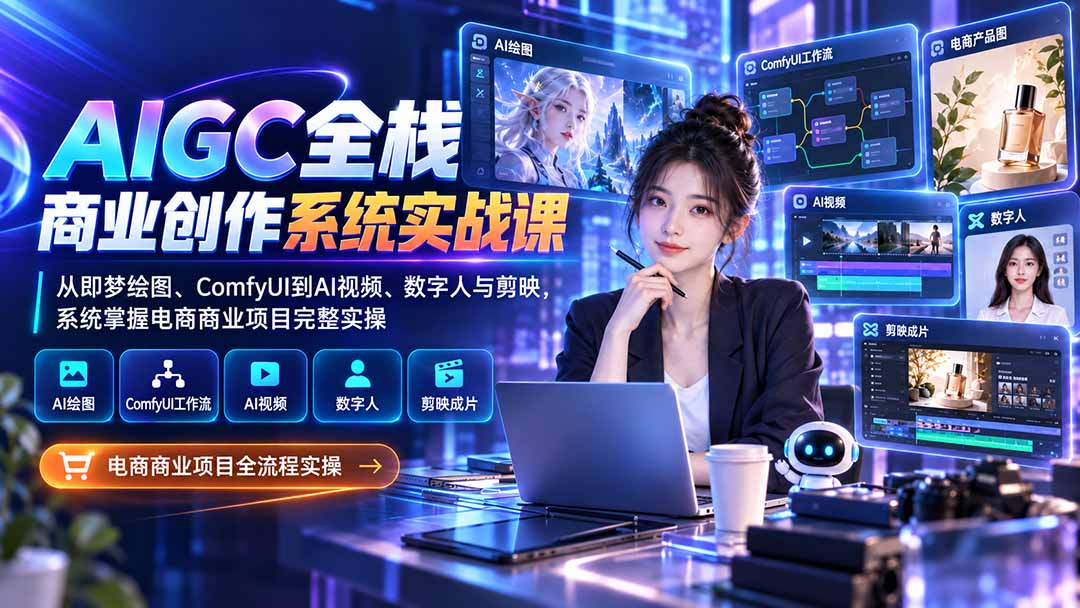 AIGC全栈商业创作系统实战课:从即梦绘图、ComfyUI到AI视频、数字人与剪映,系统掌握电商商业项目完整实操-资源宝库