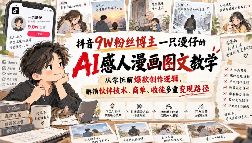 抖音9W粉丝博主一只漫仔的AI感人漫画图文教学,从零拆解爆款创作逻辑,解锁伙伴技术、商单、收徒多重变现路径-资源宝库