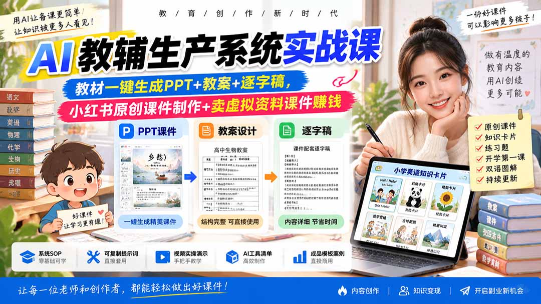 AI教辅生产系统实战课｜教材一键生成PPT+教案+逐字稿，小红书原创课件制作+卖虚拟资料课件赚钱-资源宝库