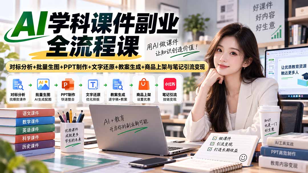 AI学科课件副业全流程课|对标分析+批量生图+PPT制作+文字还原+教案生成+商品上架与笔记引流变现-资源宝库