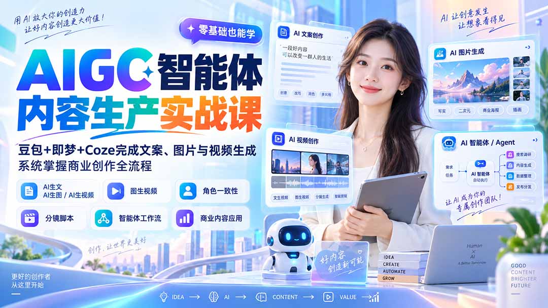 AIGC智能体内容生产实战课:豆包+即梦+Coze完成文案、图片与视频生成,系统掌握商业创作全流程-资源宝库