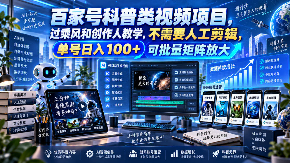 百家号科普类视频项目,过乘风和创作人教学,不需要人工剪辑,单号日入100+可批量矩阵放大-资源宝库