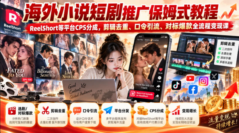 海外小说短剧推广保姆式教程｜ReelShort等平台CPS分成，剪辑去重、口令引流、对标爆款全流程变现课-资源宝库