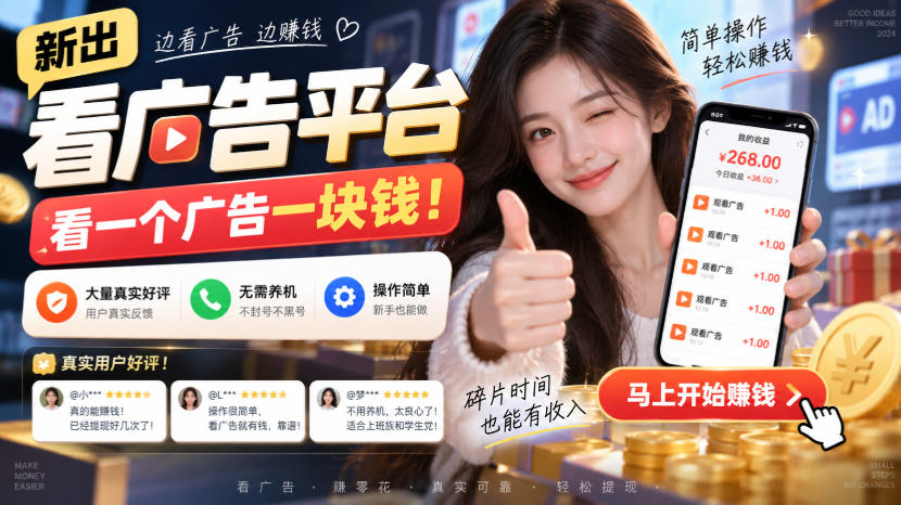 新出看广告平台，看一个广告一块钱，大量真实好评！无需养机、不会黑号，操作简单【揭秘】-资源宝库
