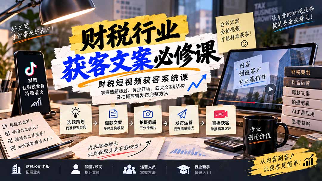 财税短视频获客系统课：掌握选题标题、黄金开场、四大文案结构及拍摄剪辑发布完整方法-资源宝库