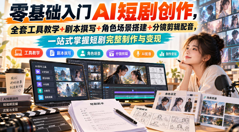 零基础入门AI短剧创作，全套工具教学+剧本撰写+角色场景搭建+分镜剪辑配音，一站式掌握短剧完整制作与变现-资源宝库