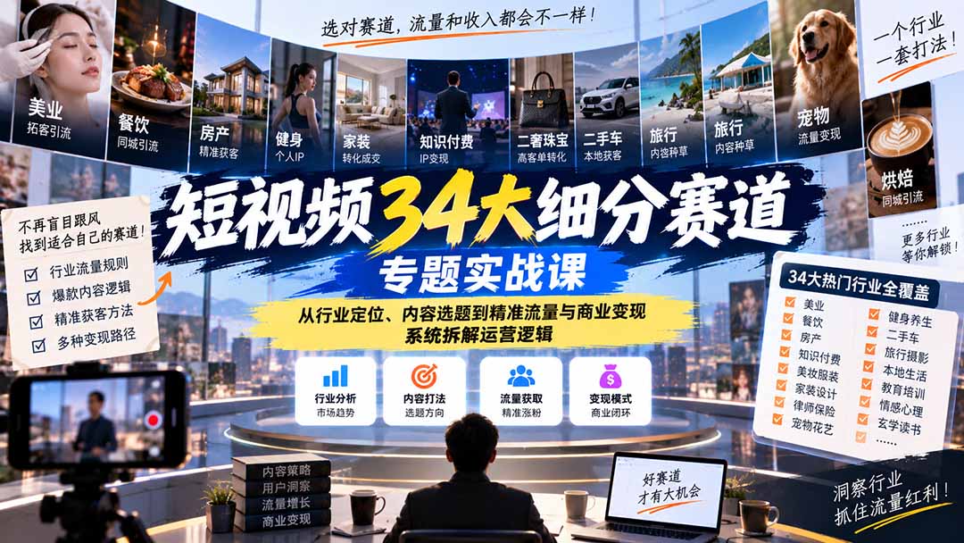 短视频34大细分赛道专题实战课:从行业定位、内容选题到精准流量与商业变现,系统拆解运营逻辑-资源宝库