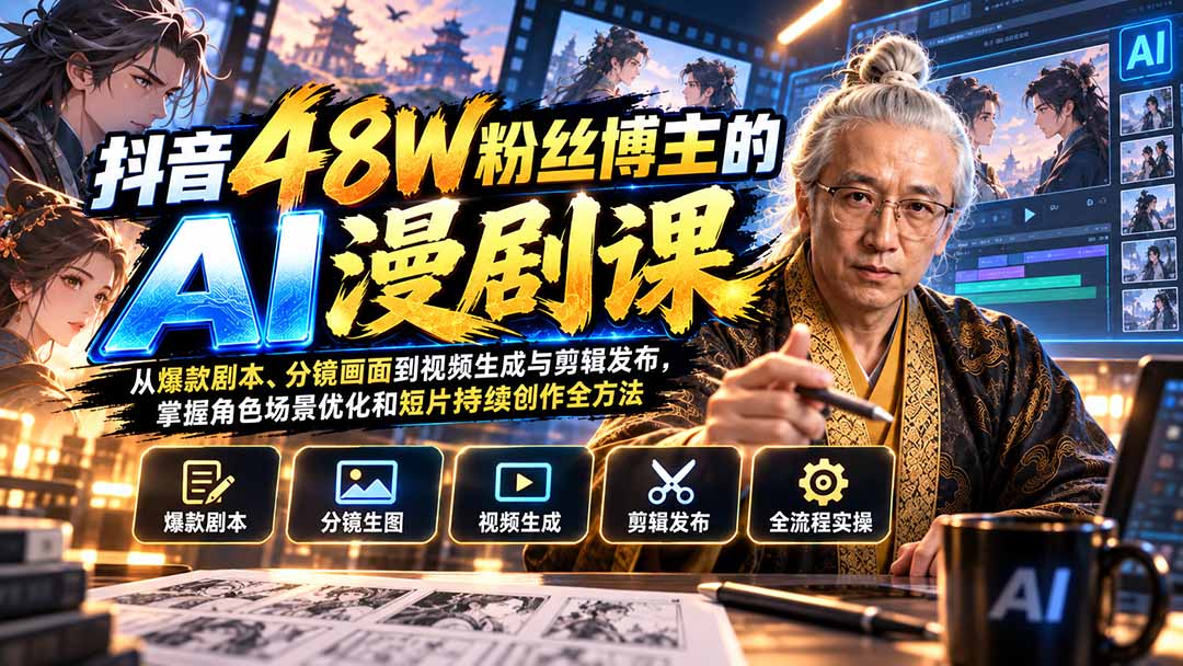 抖音48W粉丝博主的AI漫剧课:从爆款剧本、分镜画面到视频生成与剪辑发布,掌握角色场景优化和短片持续创作全方法-资源宝库